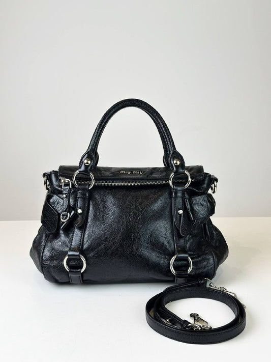 MIU MIU VITELLO LUX BOW MINI BLACK HANDBAG WITH STRAP