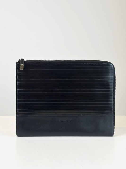 DIOR HOMME CALFSKIN RIBBED DOCUMENT HOLDER BLACK CLUTCH