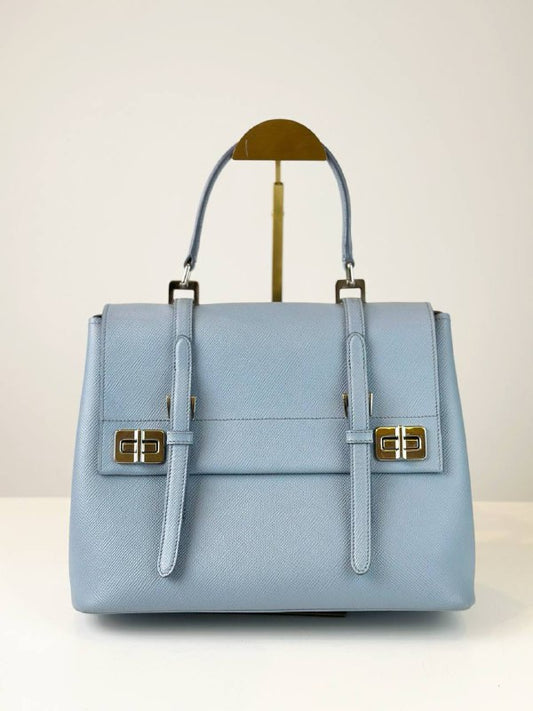 PRADA SAFFIANO CUIR CONVERTIBLE BLUE TOP HANDLE TOTE BAG WITH STRAP