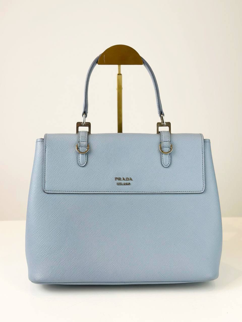 PRADA SAFFIANO CUIR CONVERTIBLE BLUE TOP HANDLE TOTE BAG WITH STRAP