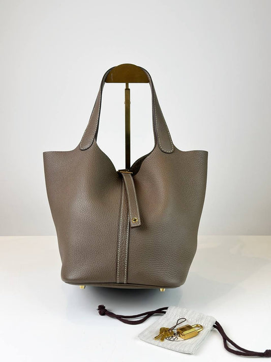 HERMES PICOTIN LOCK 22 IN ETOUPE TAURILLION CLEMENCE LEATHER GHW
