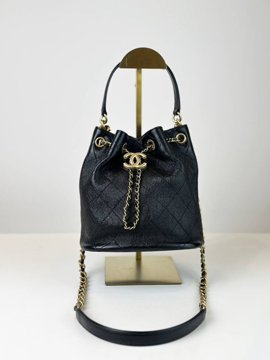 CHANEL QUILTED THERAPY BLACK BUCKET DRAWSTRING BAG