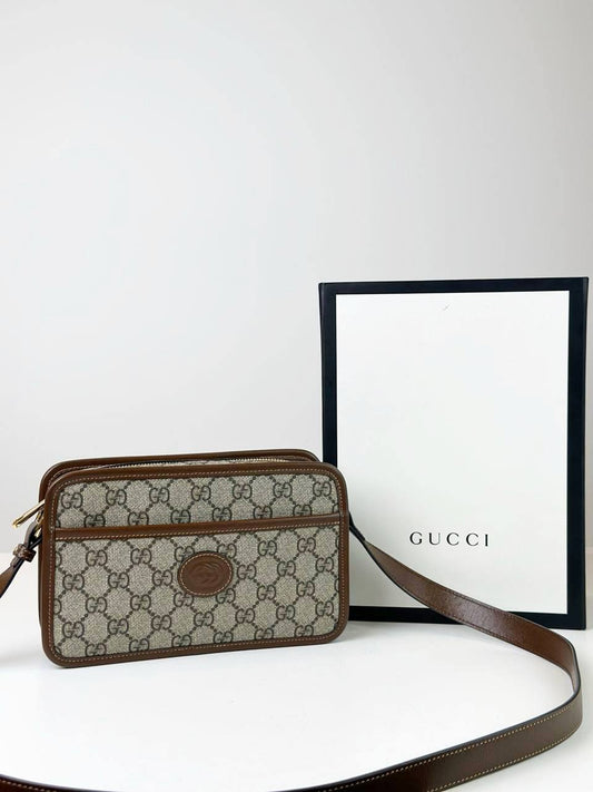 GUCCI INTERLOCKING G BROWN BEIGE SHOULDER BAG