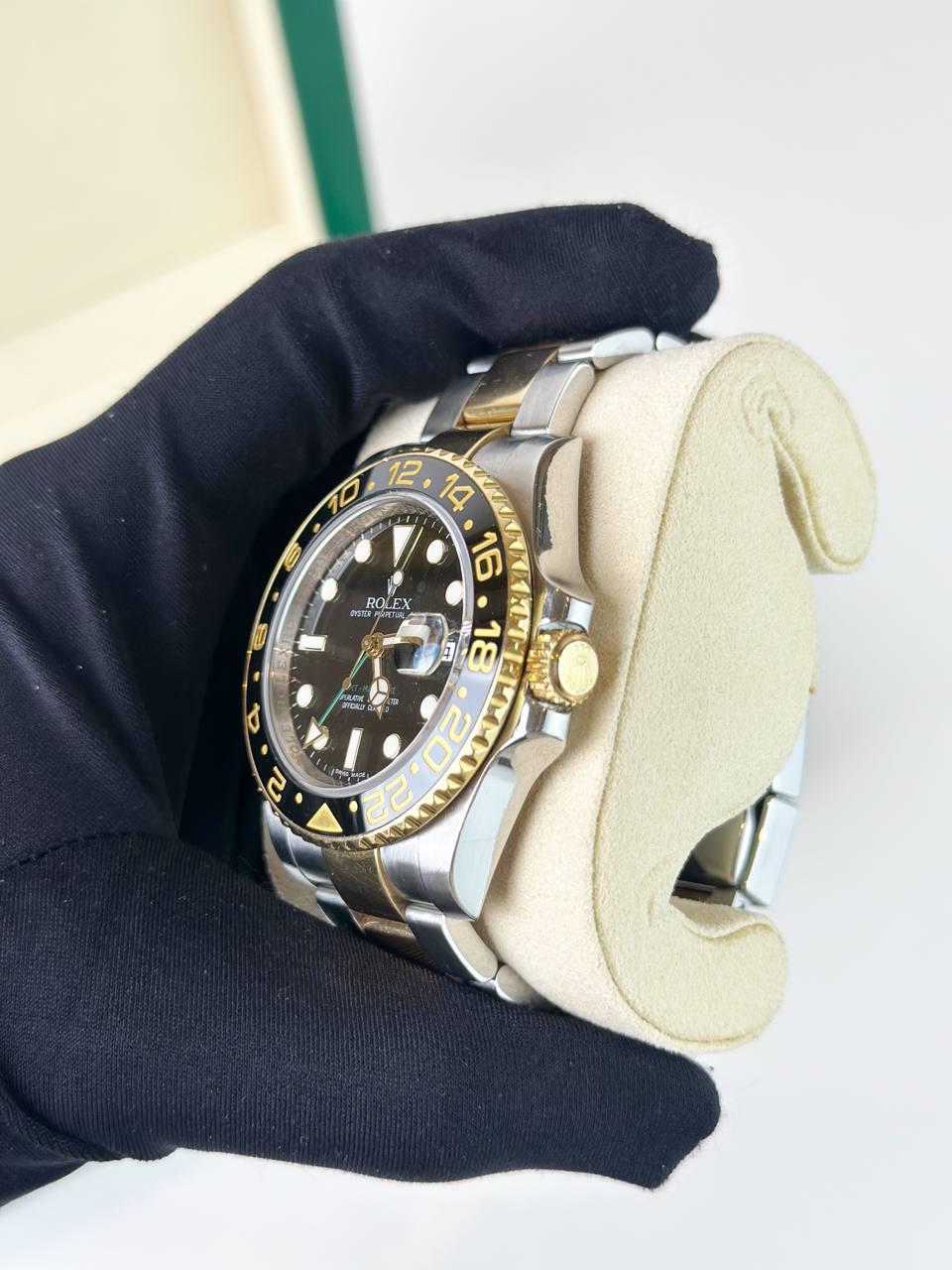 ROLEX GMT-MASTER II BLACK DIAL HALF GOLD WATCH