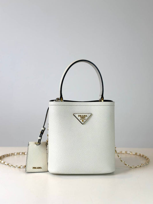 PRADA WHITE SAFFIANO LEATHER SMALL PANIER BUCKET BAG