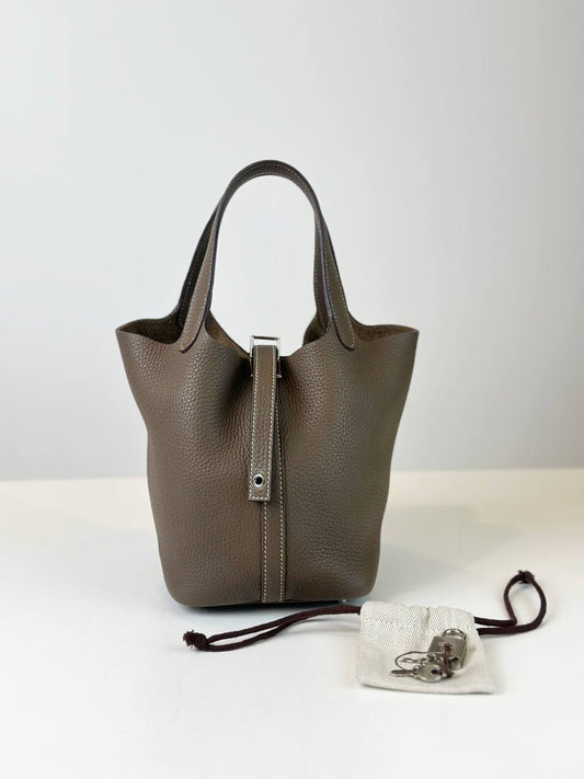HERMES PICOTIN LOCK 18 IN ETOUPE TAURILLION CLEMENCE LEATHER