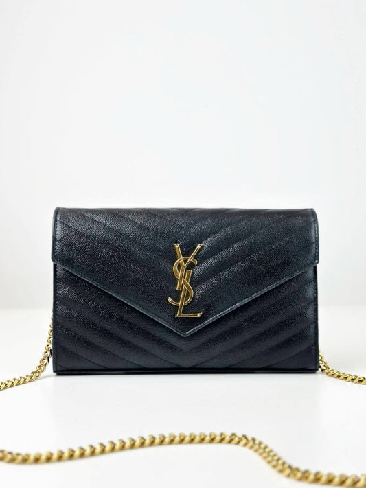 YSL ENVELOPE CASSANDRE BLACK WALLET ON CHAIN