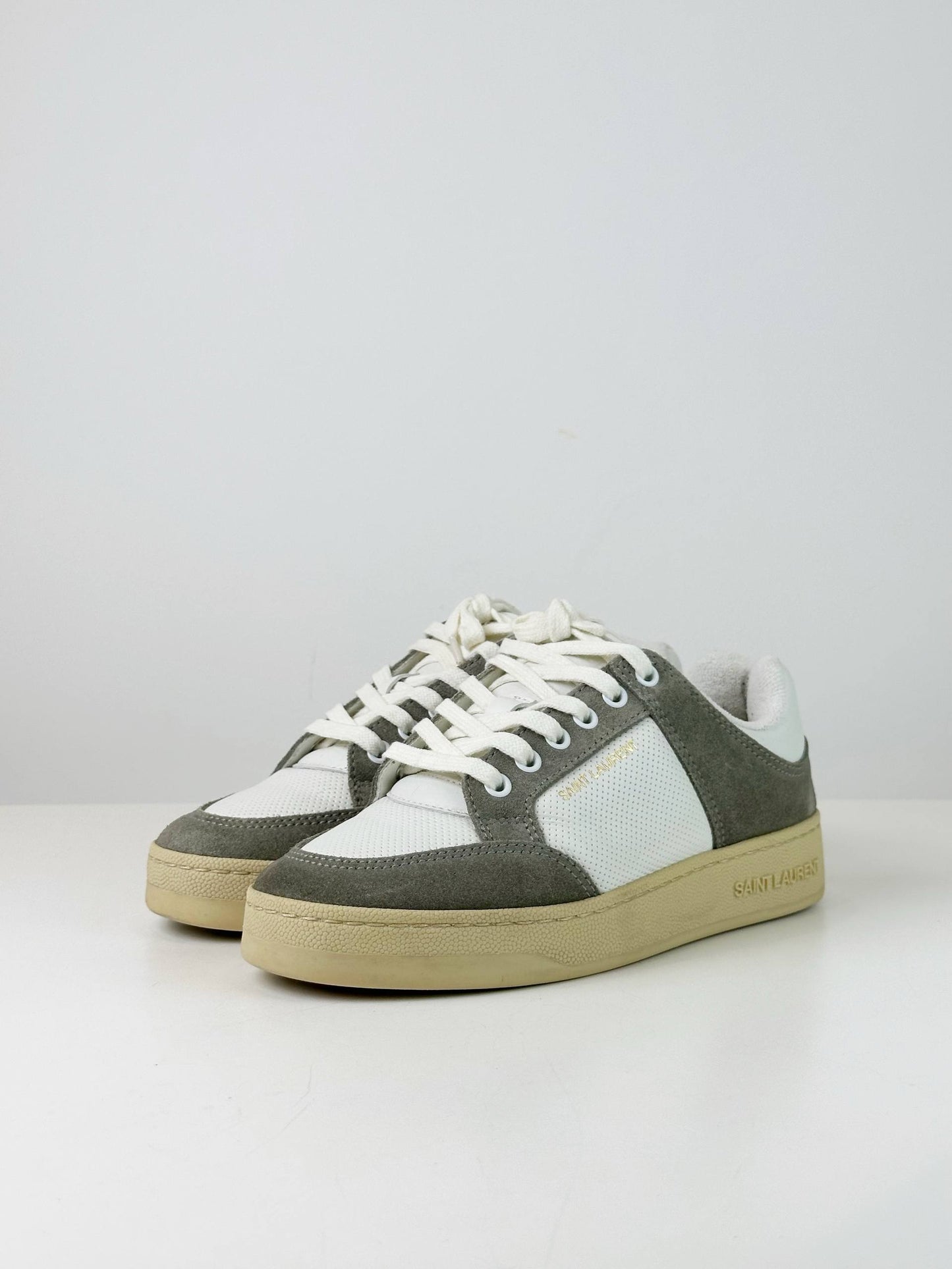 YSL WHITE GREY PANELLED LEATHER LOW TOP SNEAKERS