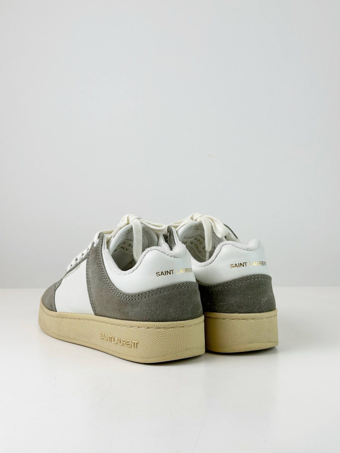 YSL WHITE GREY PANELLED LEATHER LOW TOP SNEAKERS