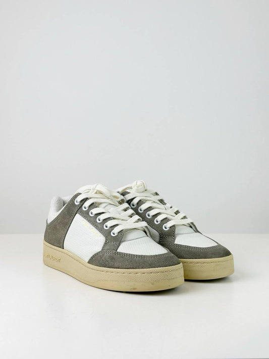 YSL WHITE GREY PANELLED LEATHER LOW TOP SNEAKERS