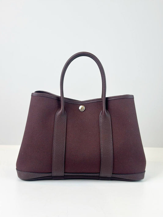 HERMES GARDEN PARTY 30 TOILE BURGUNDY HANDBAG