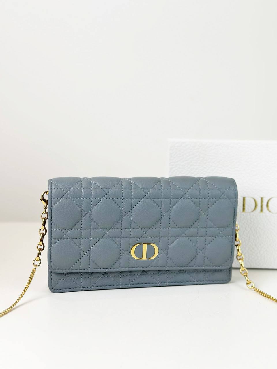 DIOR CLOUD BLUE CARO CANNAGE LAMBSKIN WALLET ON CHAIN