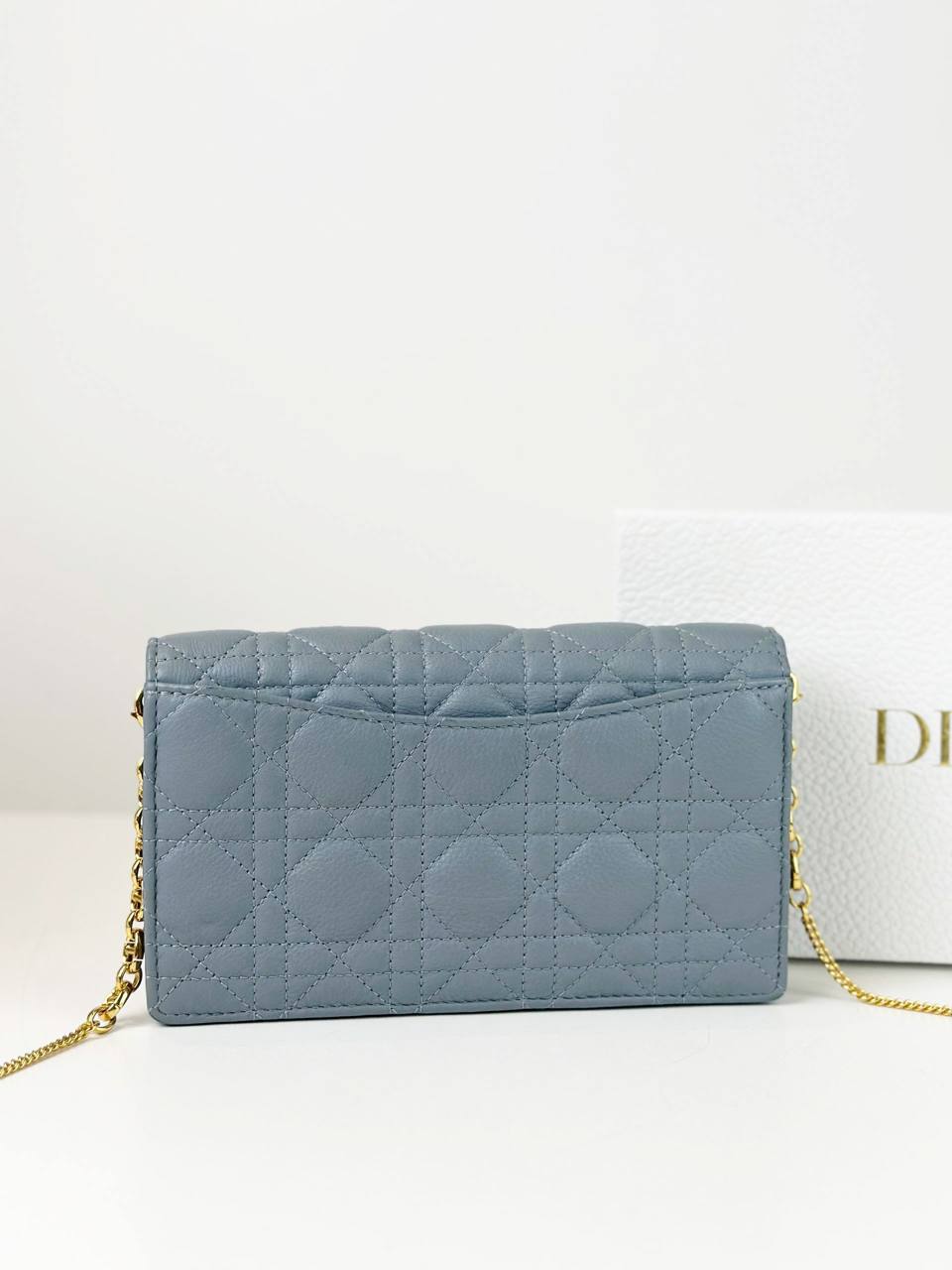DIOR CLOUD BLUE CARO CANNAGE LAMBSKIN WALLET ON CHAIN