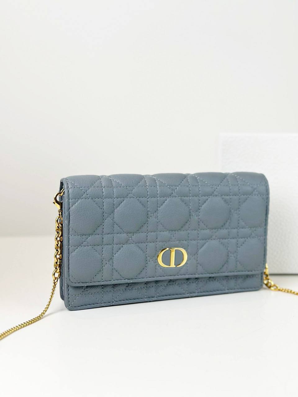 DIOR CLOUD BLUE CARO CANNAGE LAMBSKIN WALLET ON CHAIN