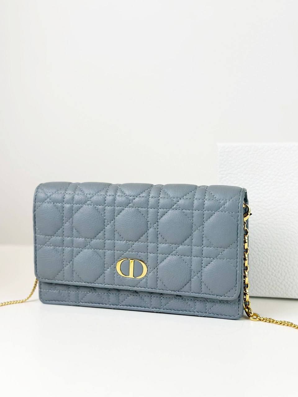 DIOR CLOUD BLUE CARO CANNAGE LAMBSKIN WALLET ON CHAIN