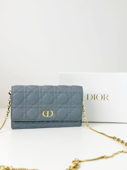 DIOR CLOUD BLUE CARO CANNAGE LAMBSKIN WALLET ON CHAIN