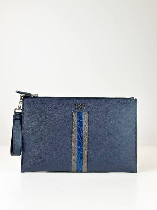 PRADA NAVY BLUE SAFFIANO LEATHER CLUTCH