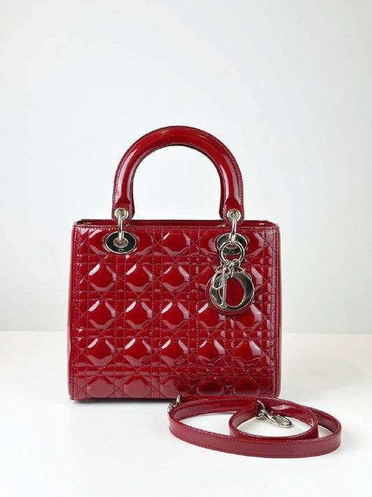 DIOR LADY DIOR RED PATENT CANNAGE LEATHER MEDIUM HANDBAG WITH STRAP