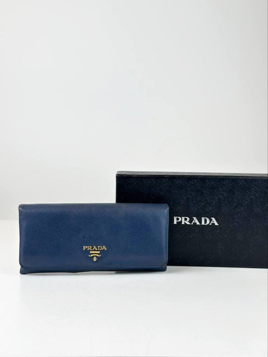 PRADA NAVY BLUE SAFFIANO LEATHER LONG WALLET