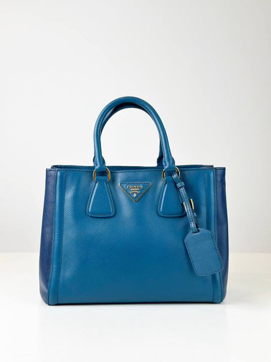 PRADA GALLERIA SAFFIANO LEATHER SMALL BLUE TWO TONED COLOR TOP HANDLE BAG WITH STRAP