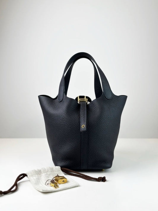 HERMES PICOTIN LOCK 18 IN NOIR TAURILLION CLEMENCE LEATHER GHW