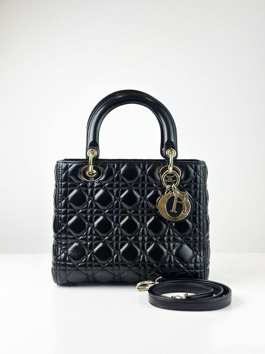 (RESERVED)DIOR LADY DIOR BLACK MEDIUM CANNAGE HANDBAG GHW