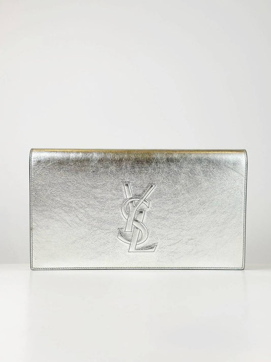 YSL METALLIC SILVER LEATHER CLUTCH