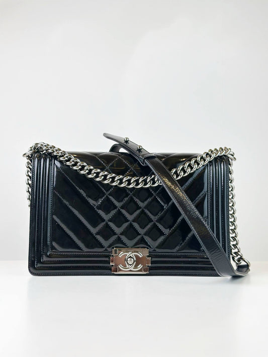 CHANEL LE BOY BLACK CHEVRON PATENT LEATHER SHOULDER BAG