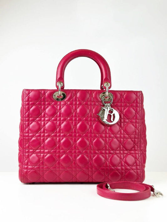 DIOR LADY DIOR PINK CANNAGE EMBOSSED LEATHER LARGE HANDBAG WITH STRAP