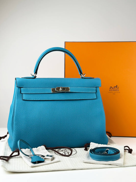 HERMES KELLY 32 BLUE JEAN CLEMENCE LEATHER HANDBAG PHW