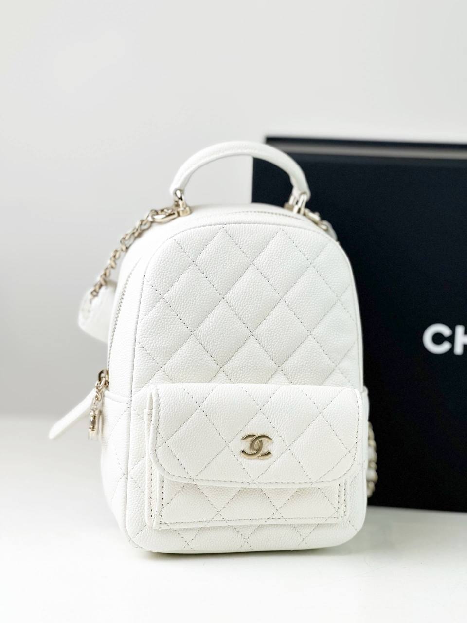 CHANEL WHITE QUILTED CAVIAR 24C MINI BACKPACK GHW
