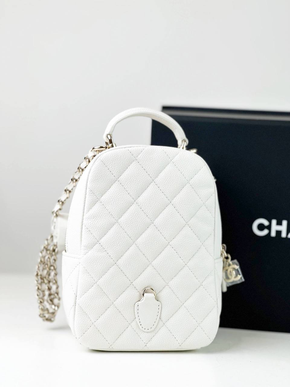 CHANEL WHITE QUILTED CAVIAR 24C MINI BACKPACK GHW