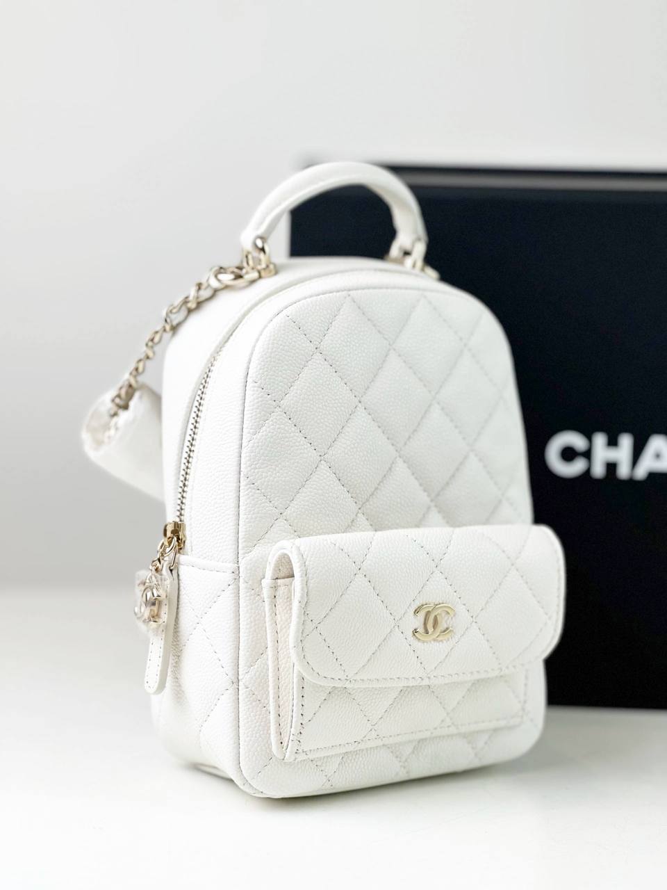 CHANEL WHITE QUILTED CAVIAR 24C MINI BACKPACK GHW