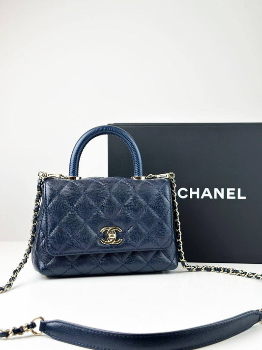 CHANEL NAVY BLUE CAVIAR LIZARD TRIMMED COCO HANDLE MINI BAG GHW