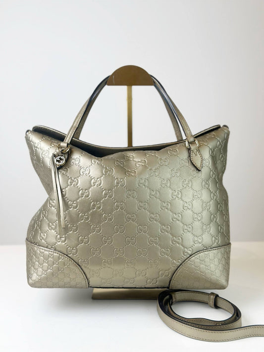GUCCI GG SIGNATURE BREE TOTE METALLIC GOLD HANDBAG