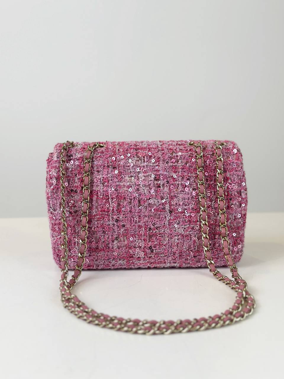 CHANEL CLASSIC FLAP PINK TWEED SEQUIN RECTANGULAR MINI SHOULDER BAG