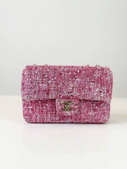 CHANEL CLASSIC FLAP PINK TWEED SEQUIN RECTANGULAR MINI SHOULDER BAG