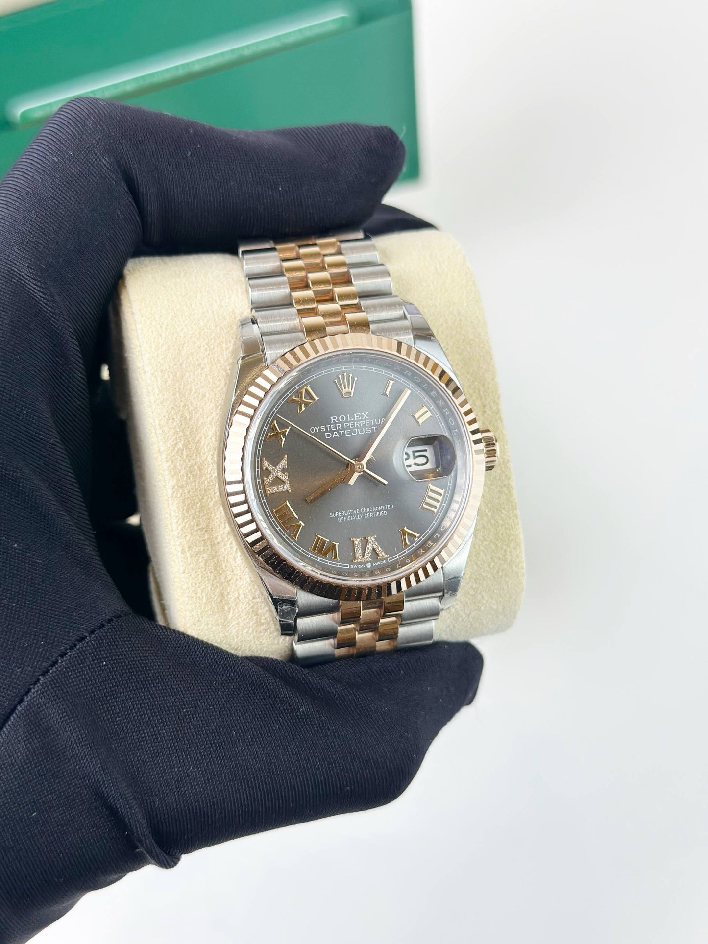 ROLEX DATEJUST 36 GREY DIAL SLATE ROMAN VI IX DIAMOND ROSE GOLD JUBILEE AUTOMATIC WATCH
