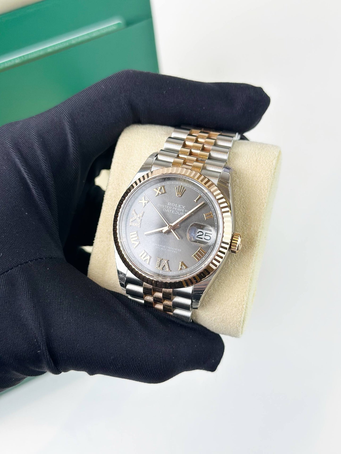ROLEX DATEJUST 36 GREY DIAL SLATE ROMAN VI IX DIAMOND ROSE GOLD JUBILEE AUTOMATIC WATCH