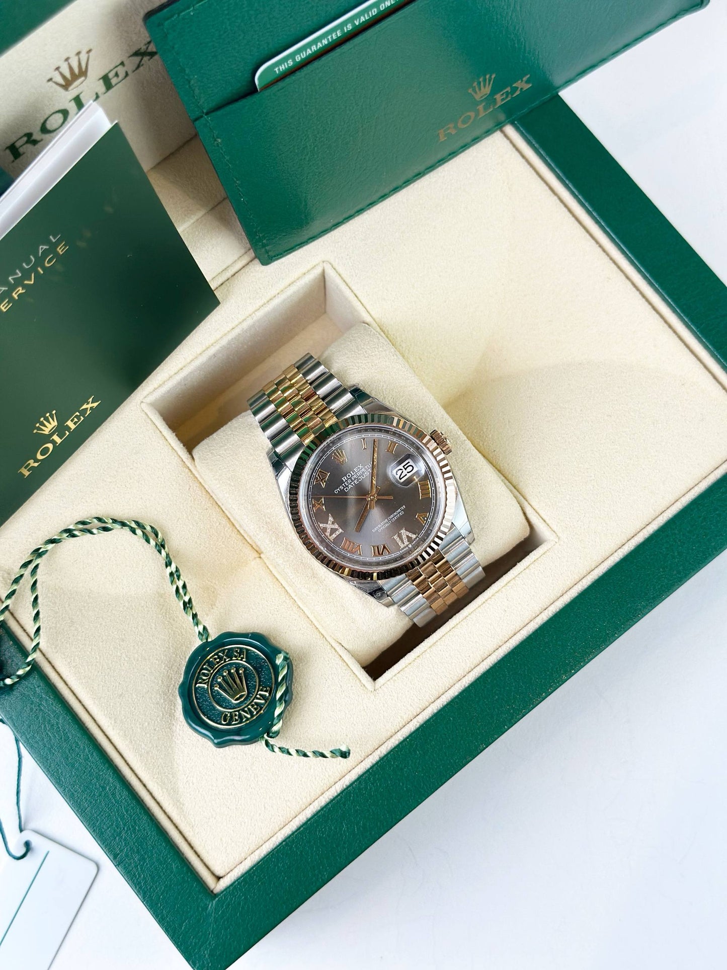 ROLEX DATEJUST 36 GREY DIAL SLATE ROMAN VI IX DIAMOND ROSE GOLD JUBILEE AUTOMATIC WATCH