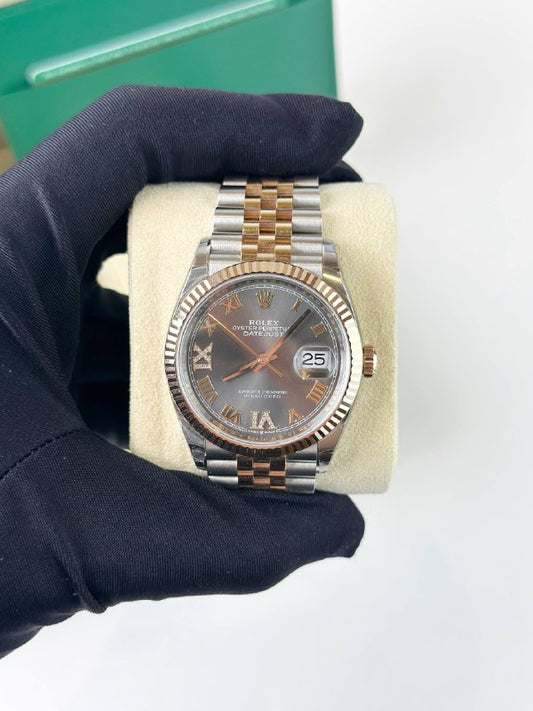 ROLEX DATEJUST 36 GREY DIAL SLATE ROMAN VI IX DIAMOND ROSE GOLD JUBILEE AUTOMATIC WATCH