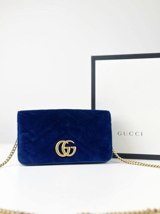 GUCCI GG MARMONT BLUE VELVET MINI CHAIN FLAP CROSSBODY BAG