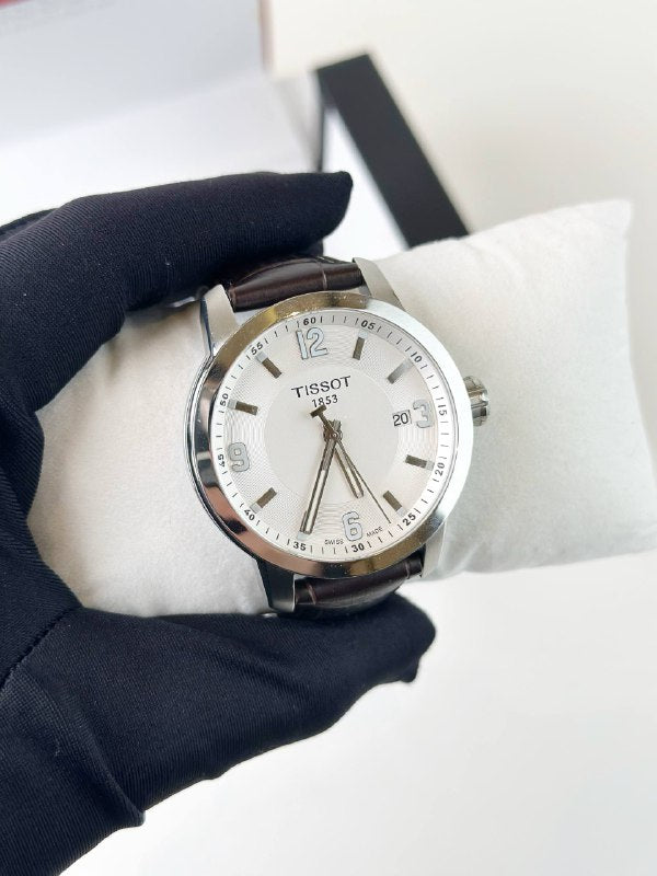 TISSOT PRC 200 WHITE DIAL LEATHER STRAP QUARTZ WATCH