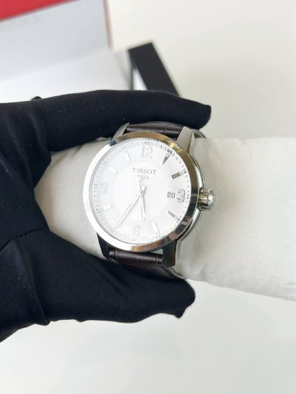 TISSOT PRC 200 WHITE DIAL LEATHER STRAP QUARTZ WATCH