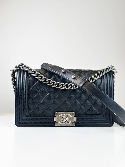 CHANEL LE BOY CAVIAR MEDIUM FLAP BLACK SHOULDER BAG SHW