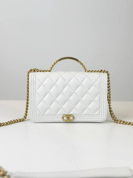 CHANEL CAVIAR QUILTED LE BOY TOP HANDLE WHITE WALLET ON CHAIN GHW