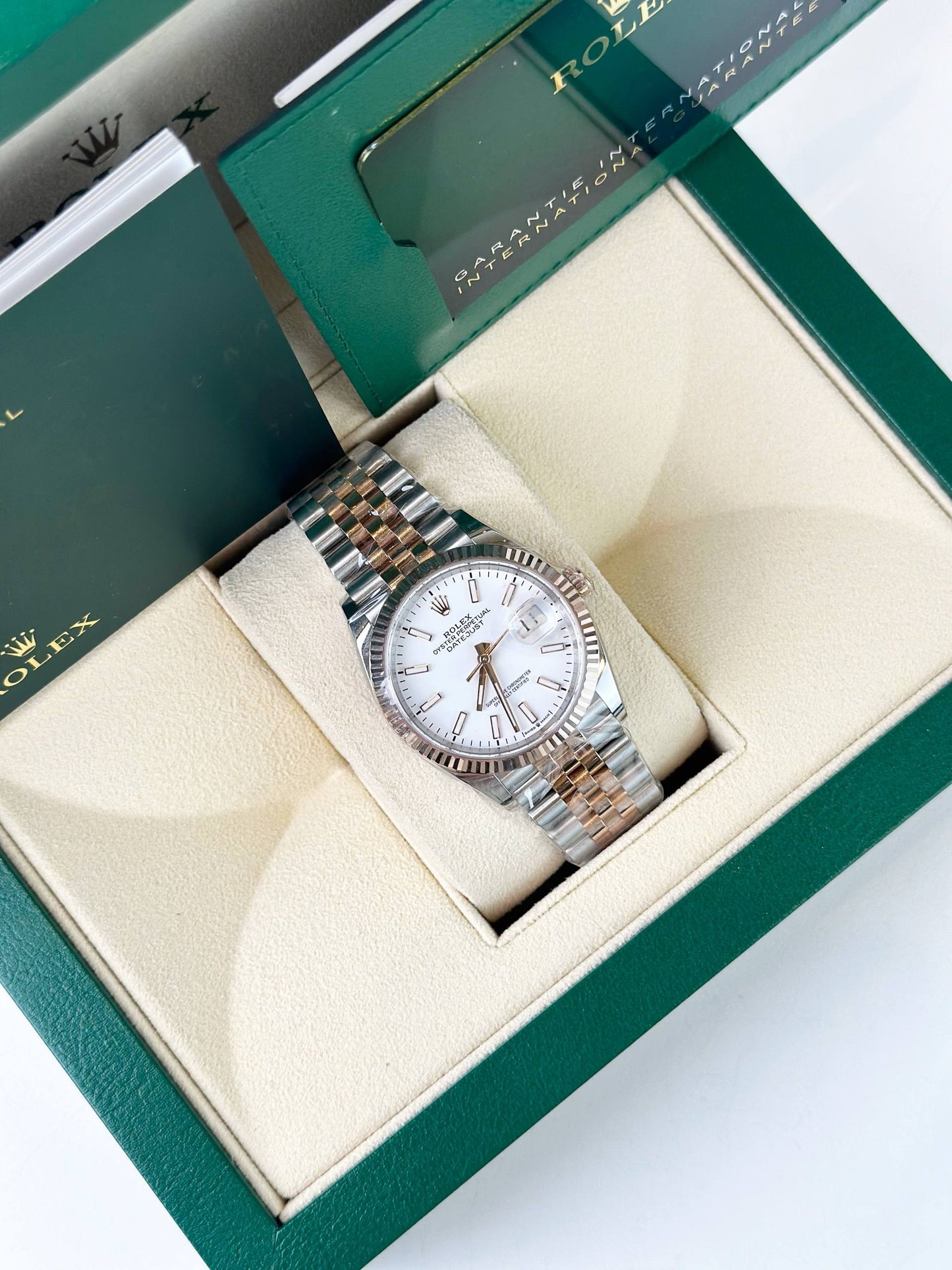 ROLEX DATEJUST 36 WHITE DIAL ROSE GOLD AND STEEL JUBILEE AUTOMATIC WATCH
