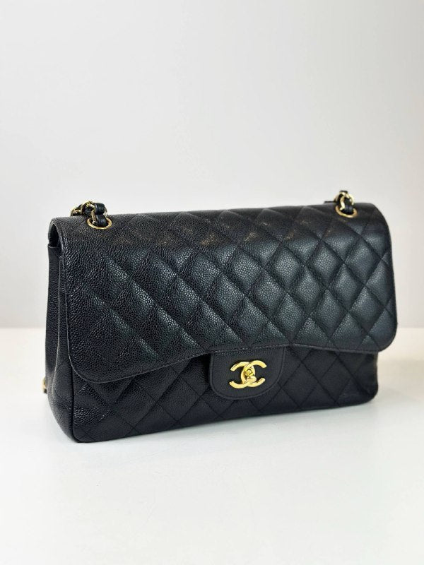 CHANEL CLASSIC FLAP BLACK CAVIAR JUMBO SHOULDER BAG GHW