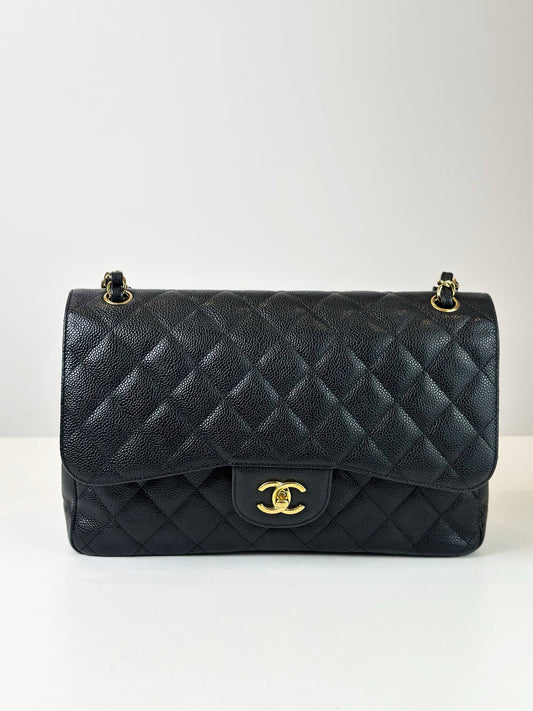 CHANEL CLASSIC FLAP BLACK CAVIAR JUMBO SHOULDER BAG GHW