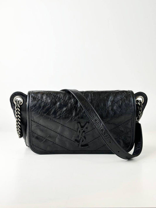 YSL NIKI CRINKLED CALFSKIN BLACK WAIST BAG